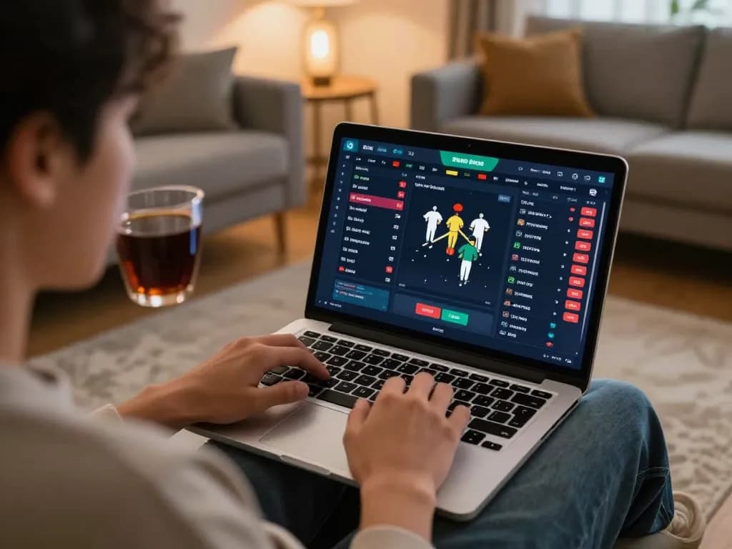 Engaging in keo nha cai 5 sports betting on a laptop from home with a cozy atmosphere.