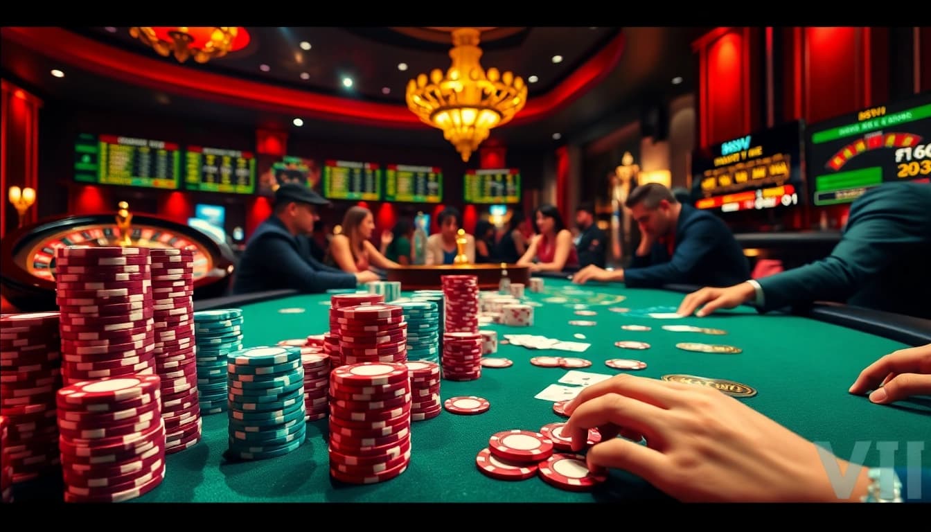 Experience high-stakes play at 888VI with vibrant poker action and colorful chips.