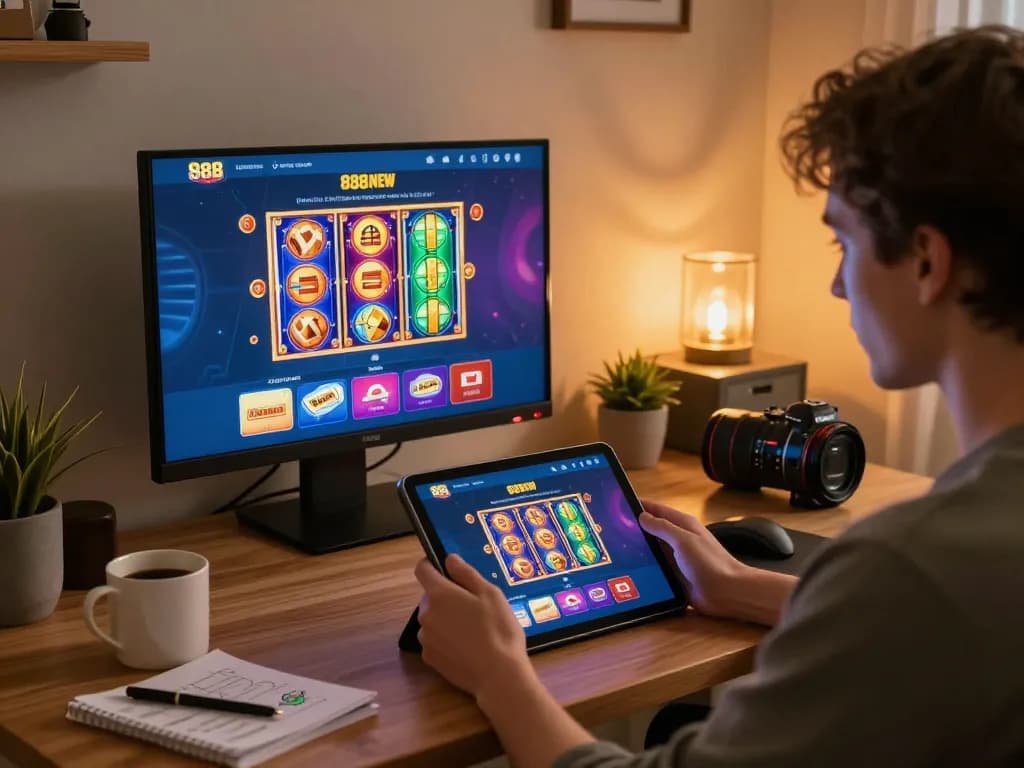 Engaging in thrilling gameplay on the 888NEW casino app in a cozy home setting