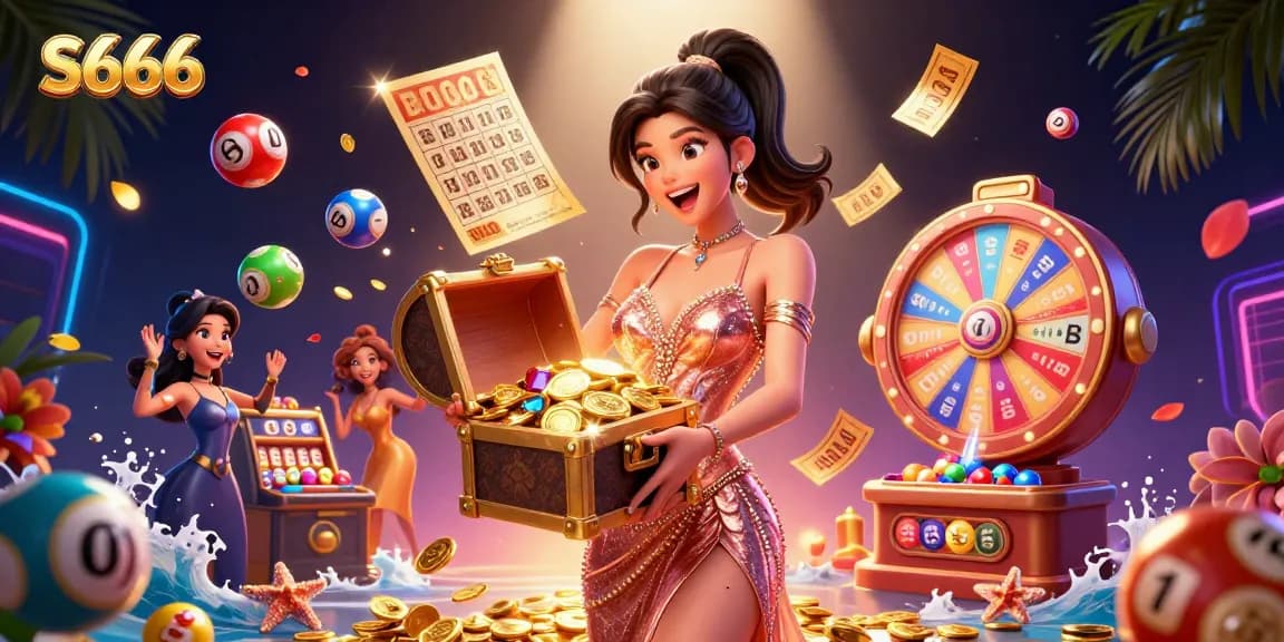 S666 offers thrilling betting action with a lively scene of games, treasure chests, and colorful lottery elements.