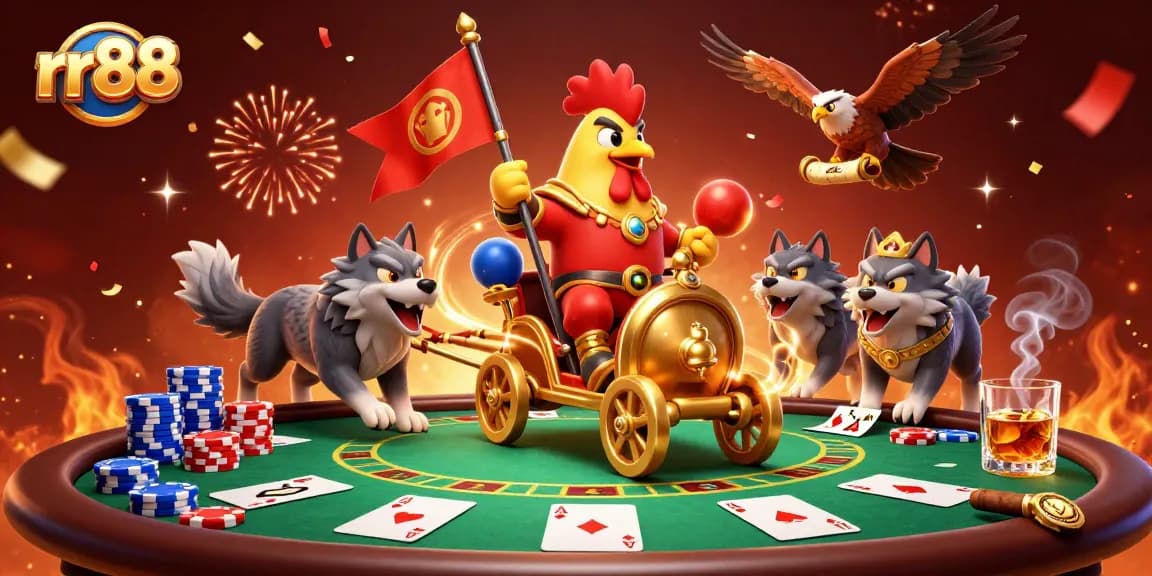 Experience thrilling poker action with rr88, featuring a 3D rooster warlord leading a dynamic game scene.