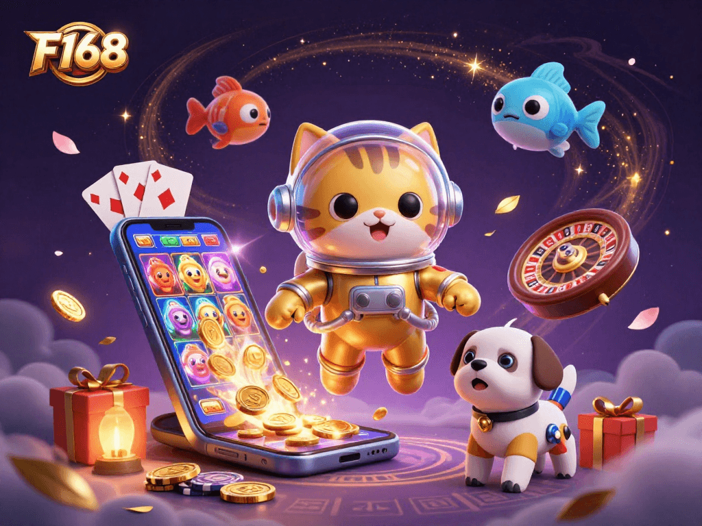 F168 brings gaming excitement alive with cartoon characters, slot games, and colorful casino elements.