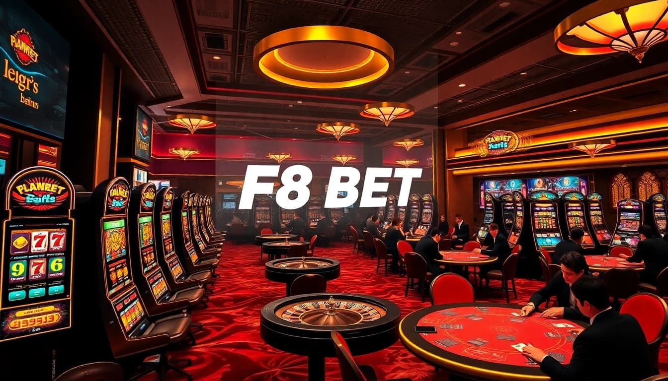 Exciting gameplay at F8 BET casino with vibrant slot machines and poker tables.