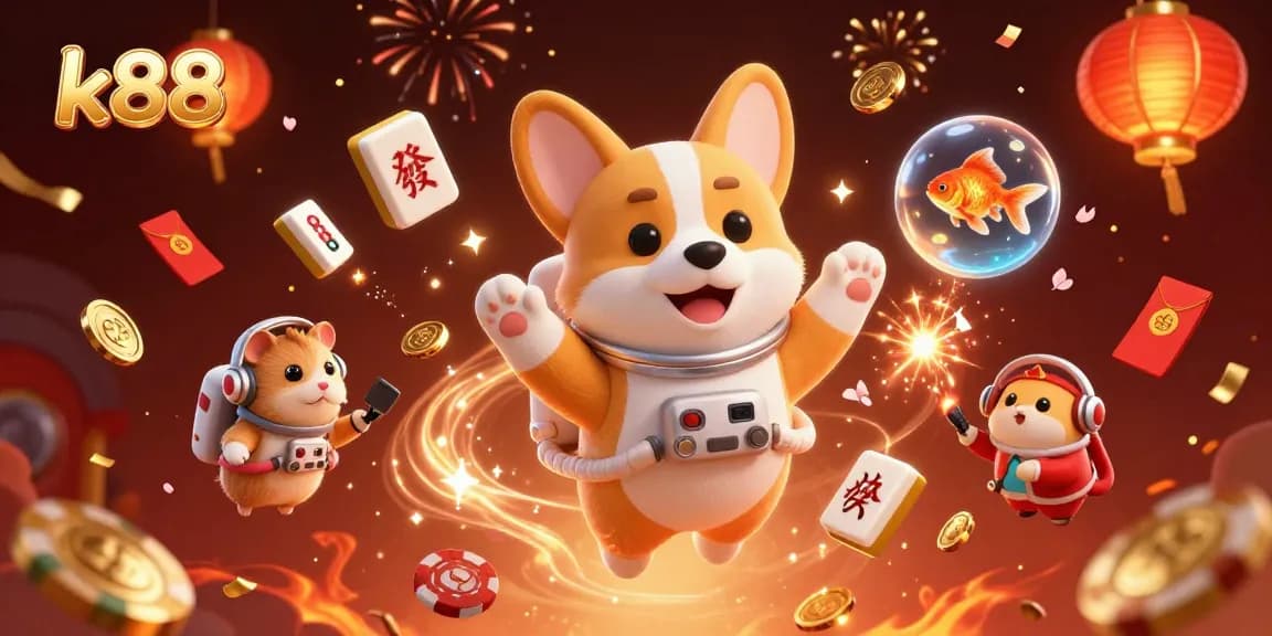 Engage with k88 in this lively casino scene featuring a corgi and floating treasures.