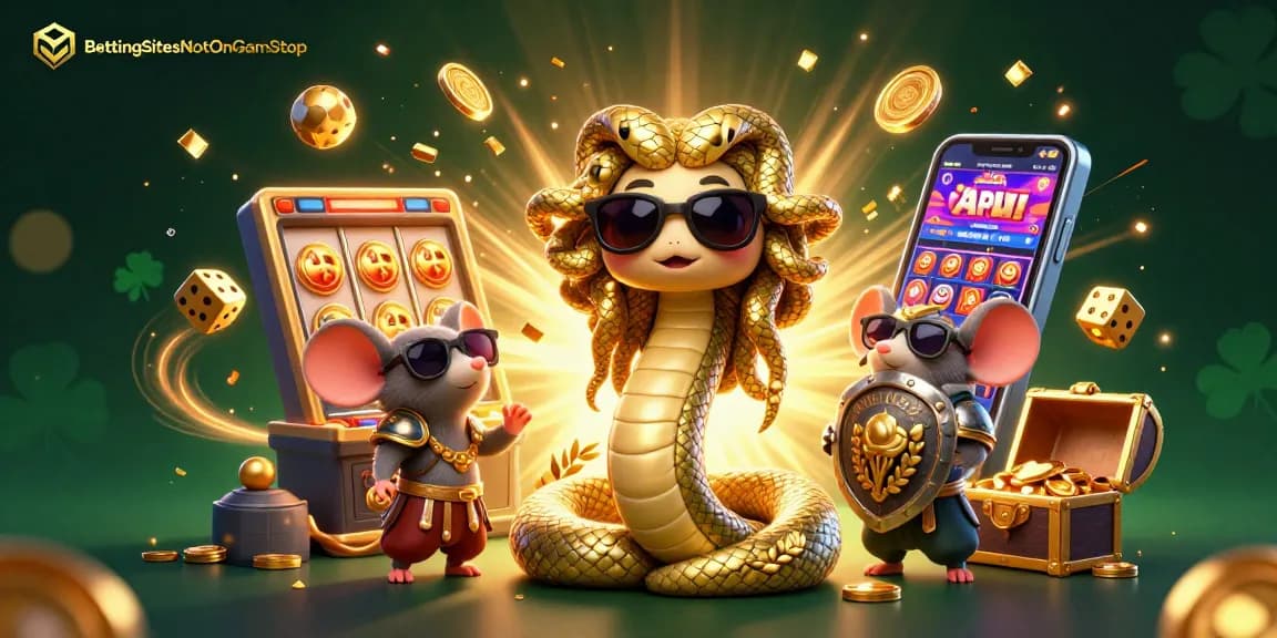 BettingSitesNotOnGamStop showcases a dynamic scene of sports excitement with Medusa and enchanting golden elements.