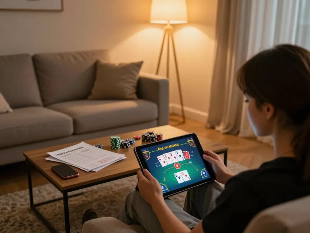 Daga online betting setup with player engaging in poker game on tablet at home.