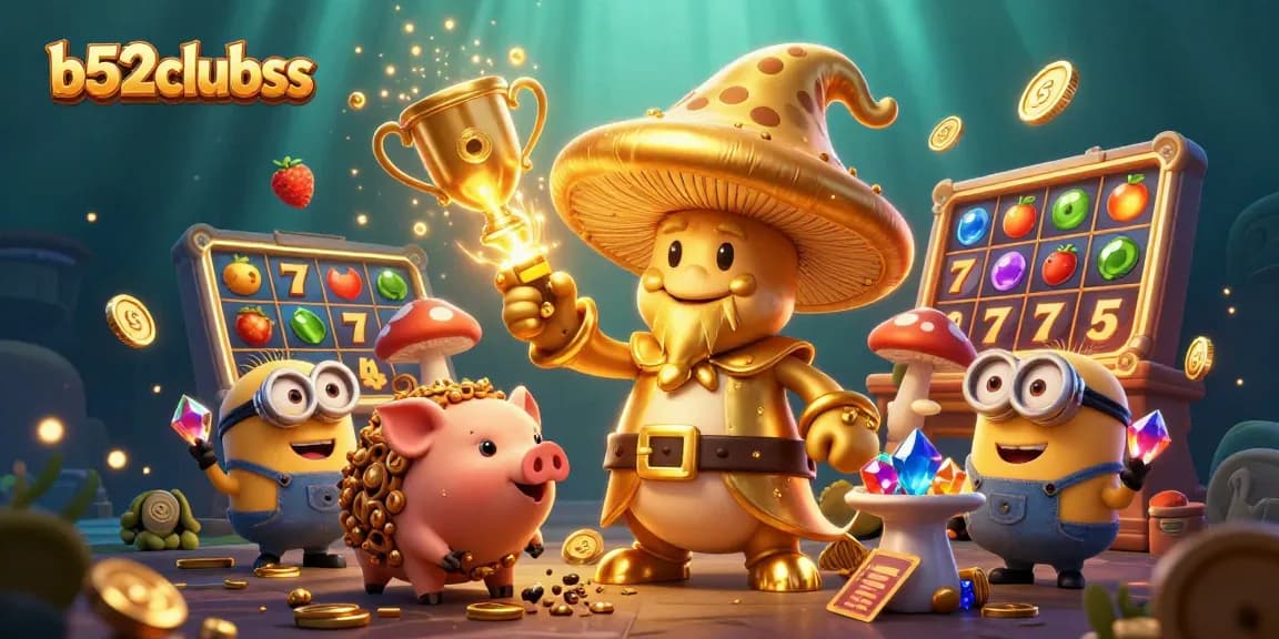 Bettors uncover treasures at b52clubss with golden mushroom wizard in a vibrant casino scene.