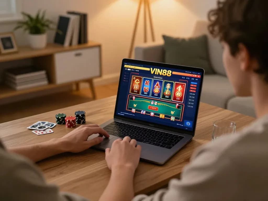 Engaging in online casino gaming on vin88lk platform at home with focused gameplay.