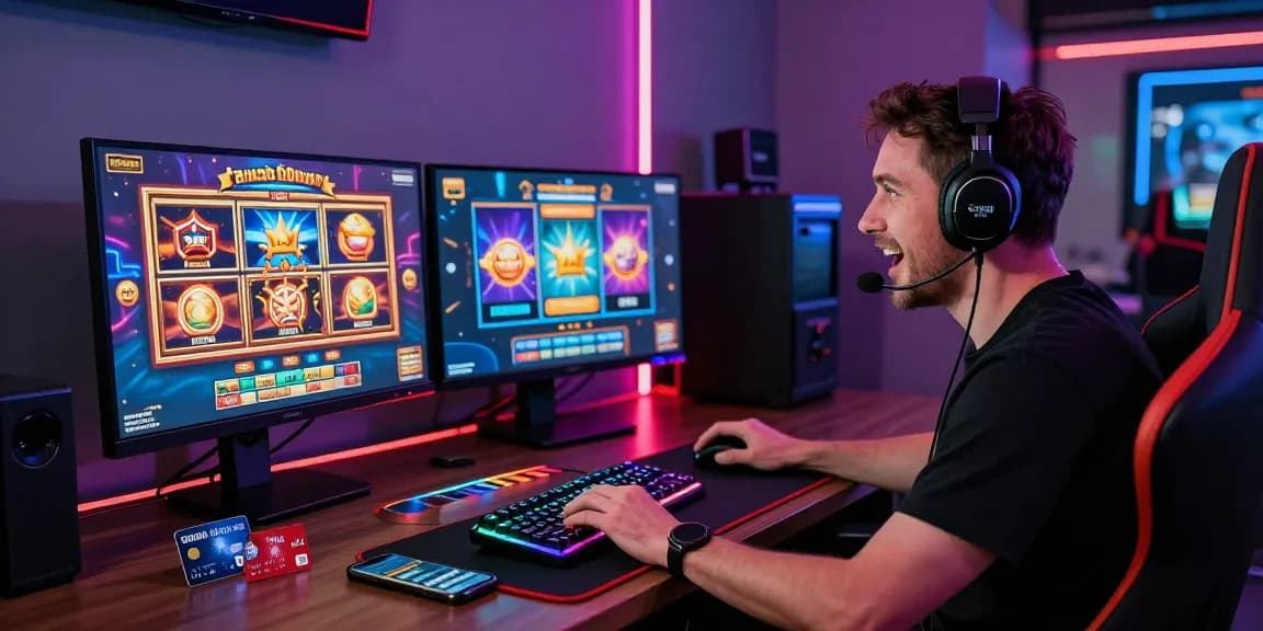 Player immersed in an exciting credit card casino gaming experience with dual monitors, vibrant games, and modern accessories.