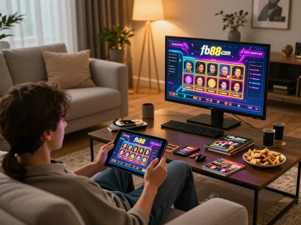 Engaging scene of a player exploring fb88 com on a tablet in a cozy home setting.