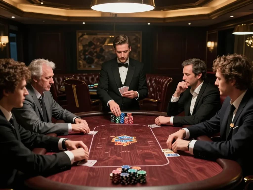 S88 poker players strategizing bets at a high-stakes table in a luxurious casino