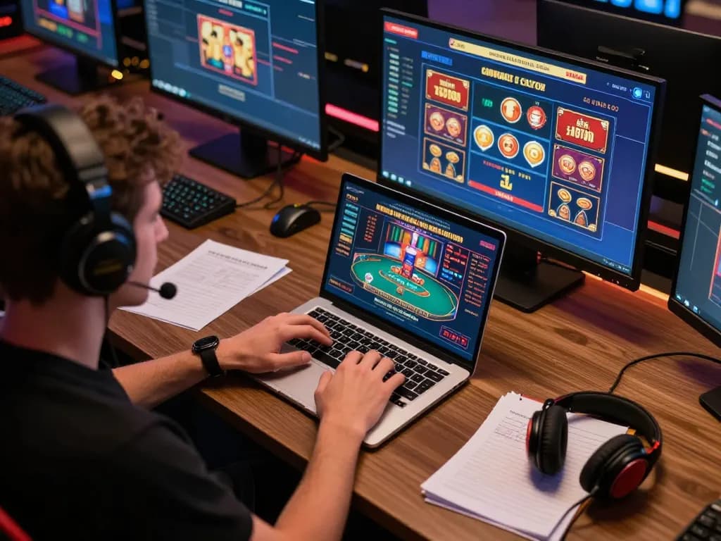 Player utilizing vu88 online platform for poker strategy and gameplay analysis in a professional setup.