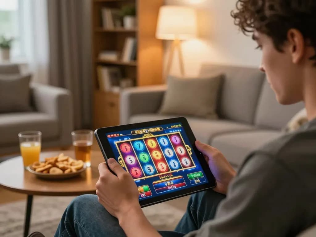 Player enjoying Slot Malaysia on a tablet in a cozy home setting with a colorful game interface