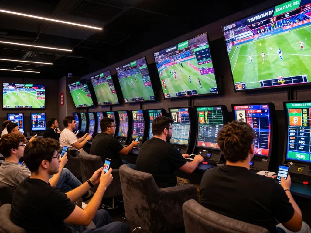 Excited bettors engaging in live sports betting at 9bets, showcasing dynamic atmosphere and advanced betting technology