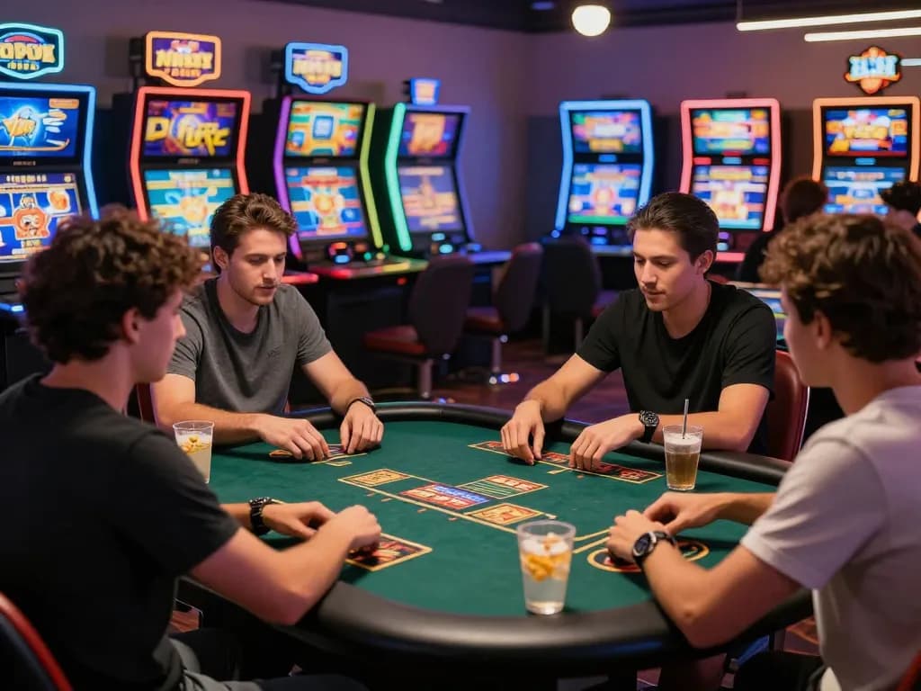 Friends enjoying rikvip gaming at a vibrant online café, showcasing excitement and camaraderie.