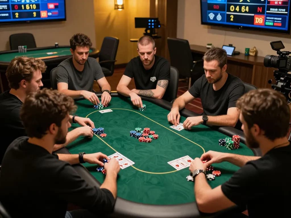 FC88 poker players engaged in an online game, colorful chips, strategic gameplay.