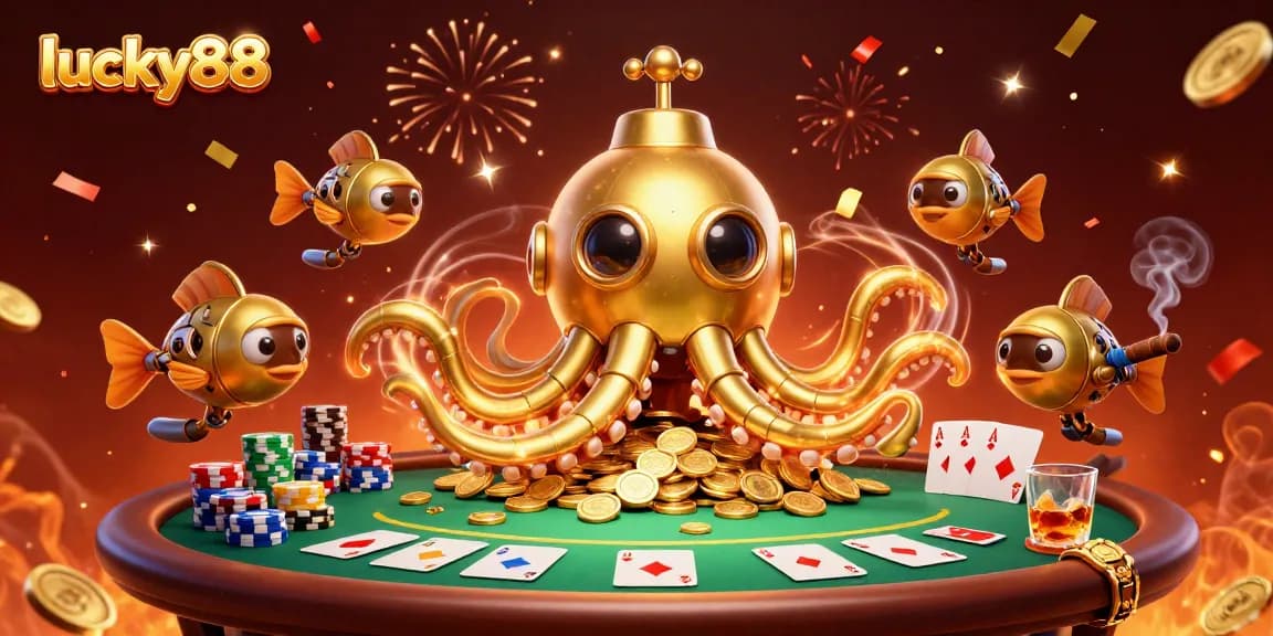Experience the thrill of lucky88 with vibrant casino elements and a golden kraken submarine triumphing in a sea of coins.