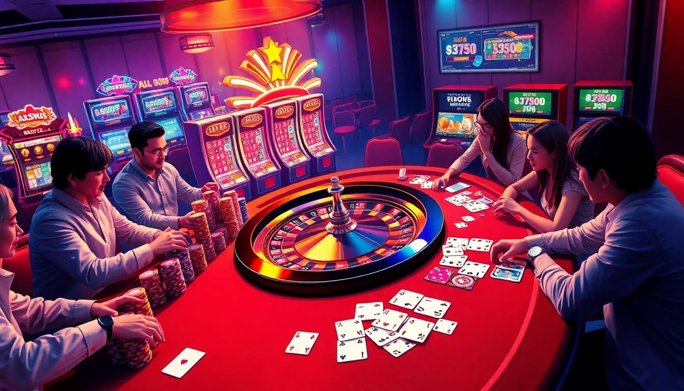 Alo 789 gamblers enjoying an exciting high-stakes casino table experience with vibrant poker chips and roulette.