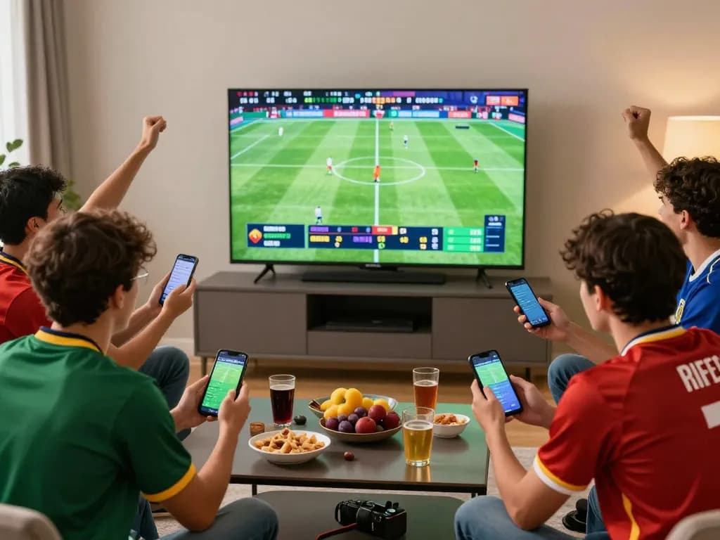 Friends engaging in keo nha cai sports betting during a live football match.