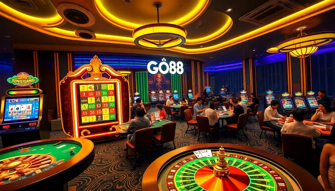 Cổng Game GO88 showcases an exciting online casino atmosphere with vibrant slot machines and engaging players.