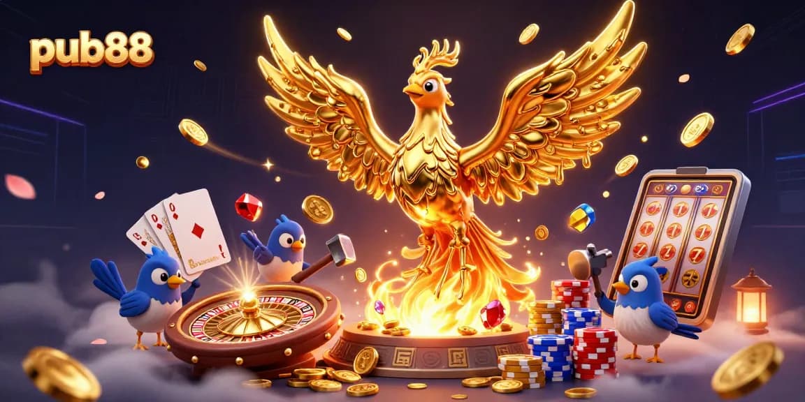 Play dynamic casino games at pub88 with this engaging 3D gold phoenix illustration.