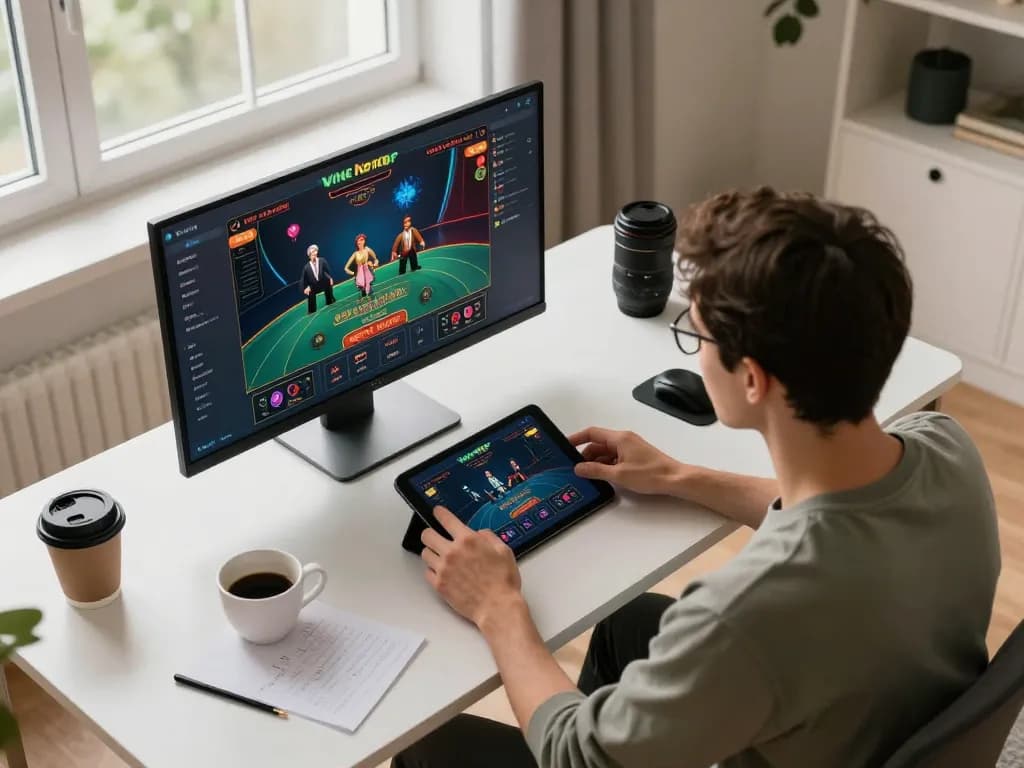 Playing Net88 live dealer game on tablet in a modern home setup, showcasing online gambling strategy