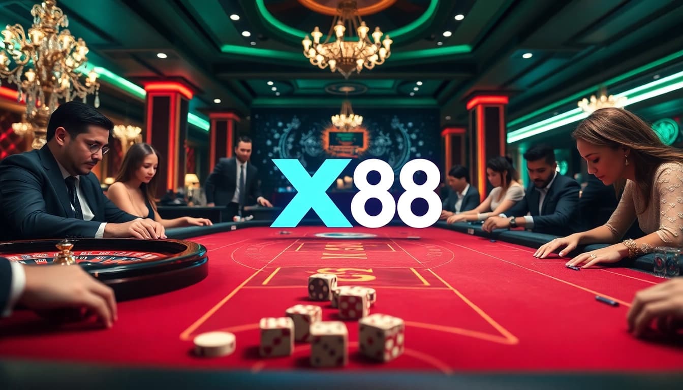 Players engage in high-stakes gambling at an X 88 branded poker table in a luxurious casino.
