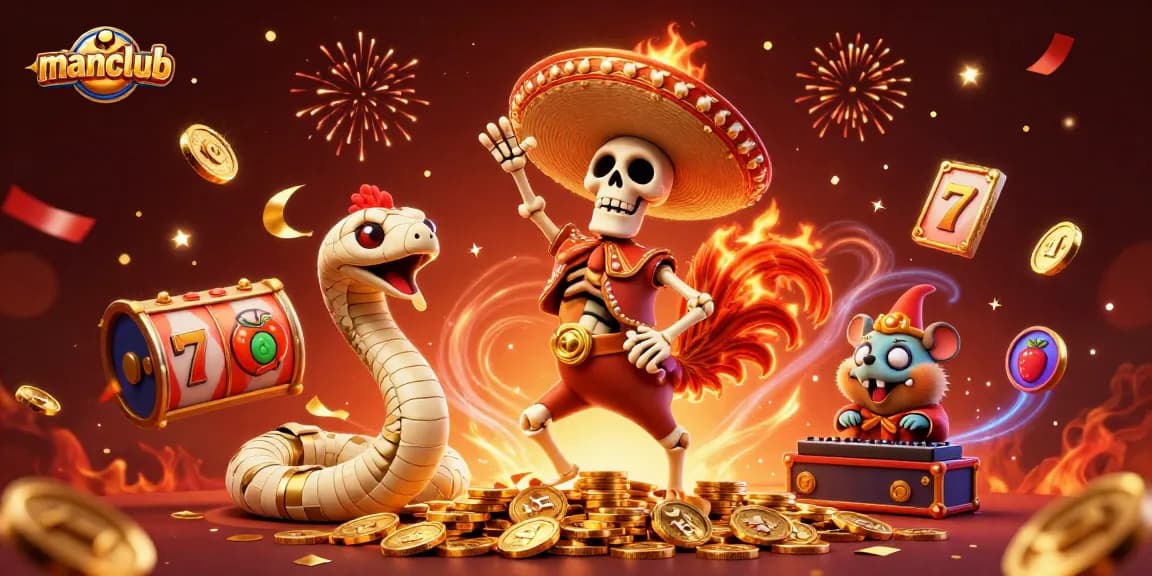 Experience the excitement of manclub's vibrant casino world with a dancing mariachi rooster amid slot game symbols.
