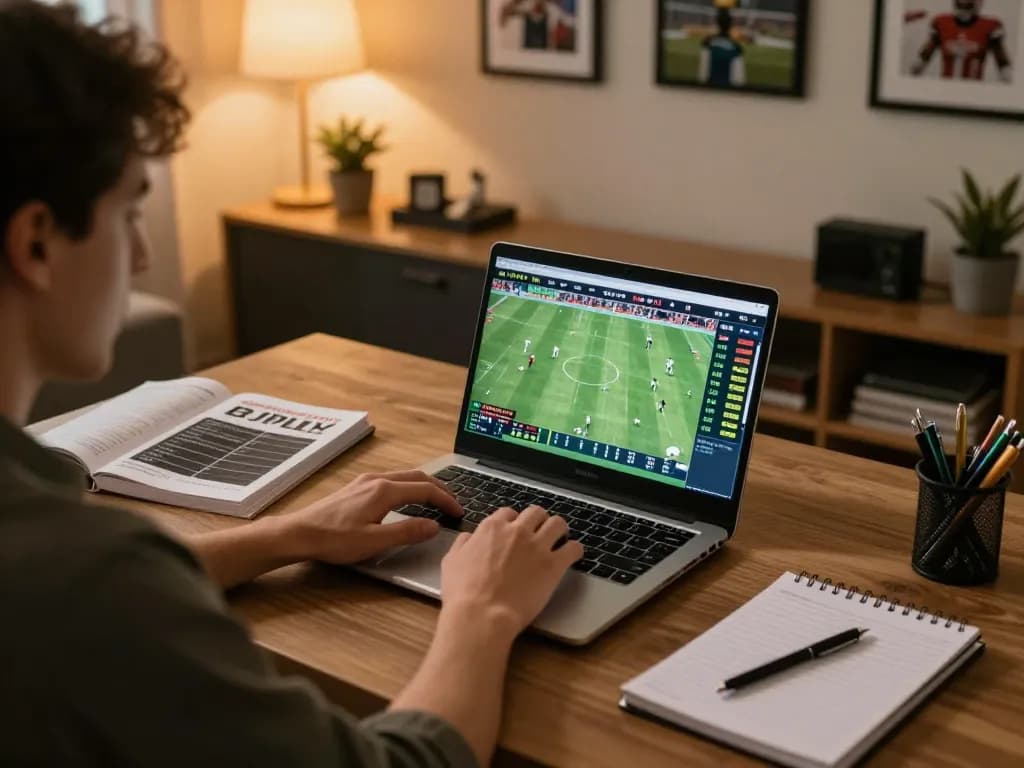 Cá Độ Bóng Đá betting moment with player strategizing at home using a laptop for sports wagering