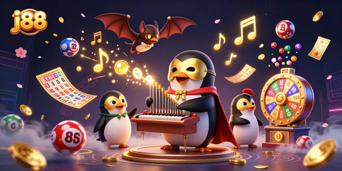 Experience the excitement of j88 with a penguin playing a golden organ in a dynamic casino scene