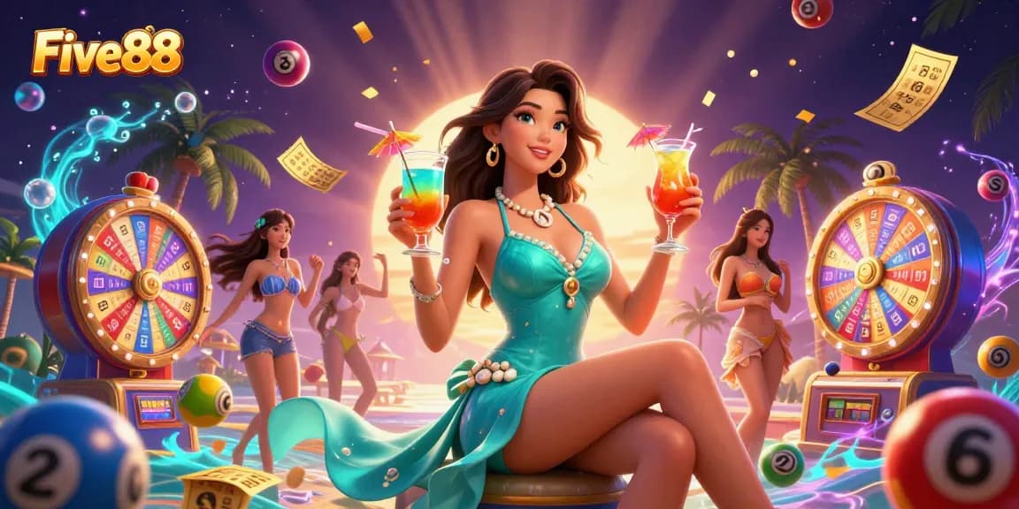 Catch the excitement at Five88 with vibrant casino games, balloons, and a glamorous setting.
