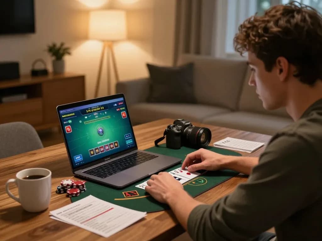 Player enjoying u888 Blackjack online game at home, focused on strategic gameplay.