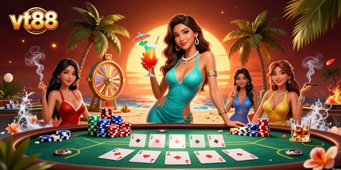 Experience winning at vt88 with a glamorous casino scene featuring poker excitement and tropical vibes.