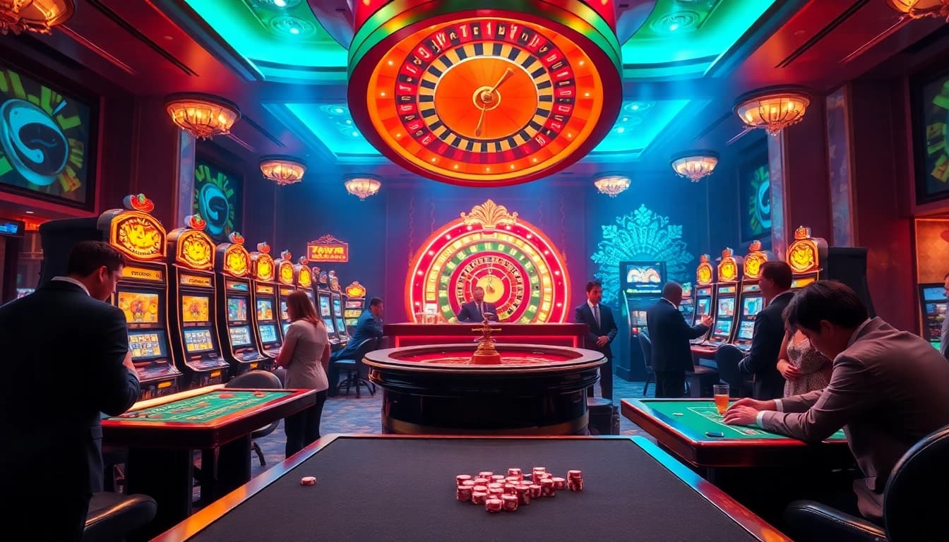 Exciting gameplay at 68win sòng bài with vibrant slot machines and a roulette wheel.