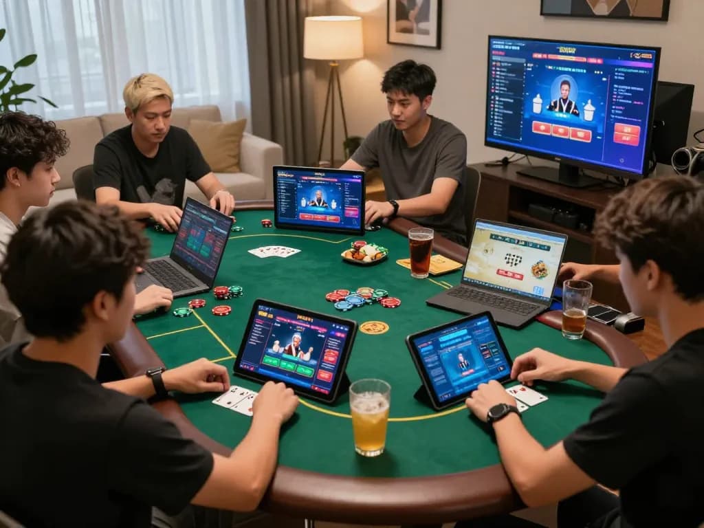 Players engaged in an online poker game, emphasizing Game bài đổi thưởng uy tín in a vibrant home gaming setup.