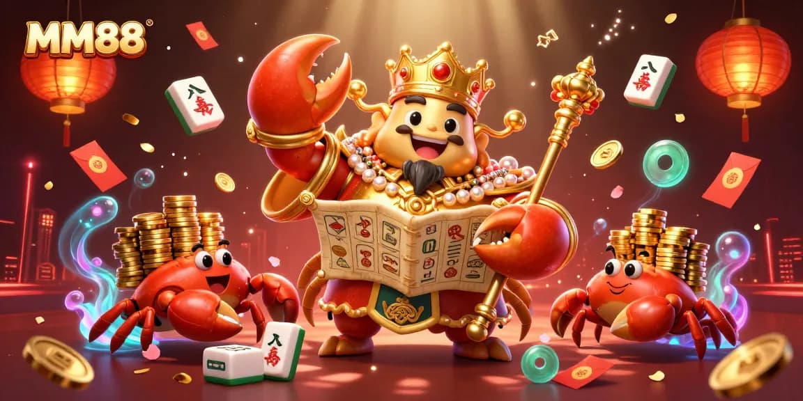 Engage with MM88's dynamic gaming world led by a golden crab emperor amidst festive elements.