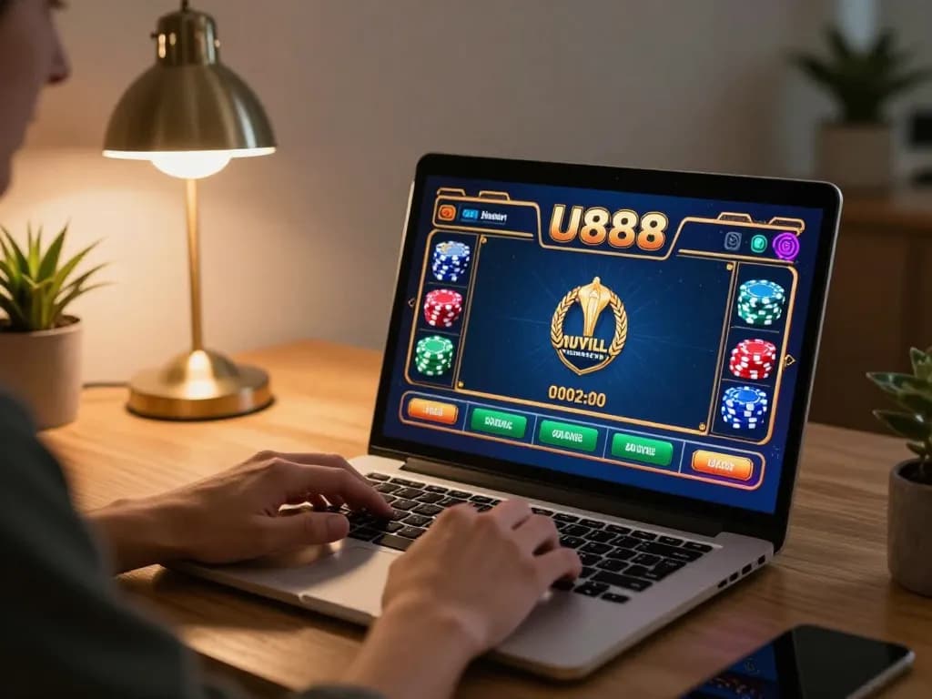 Engaging in U888 online casino gaming with live dealer action during a cozy home evening.