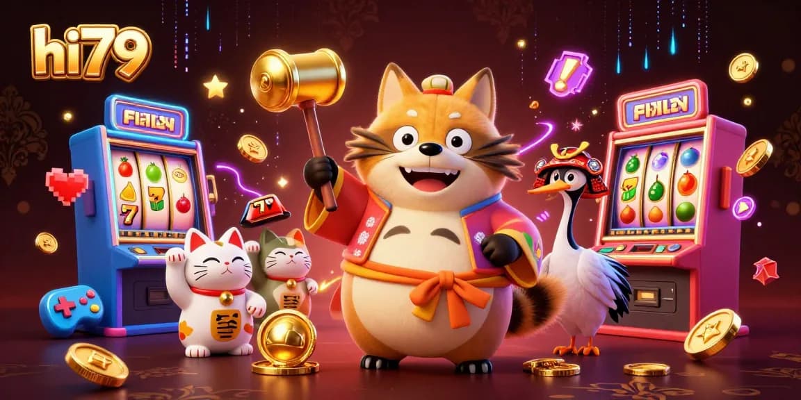 Experience hi79 gaming thrills with lucky tanuki, slot machines, and vibrant casino elements.
