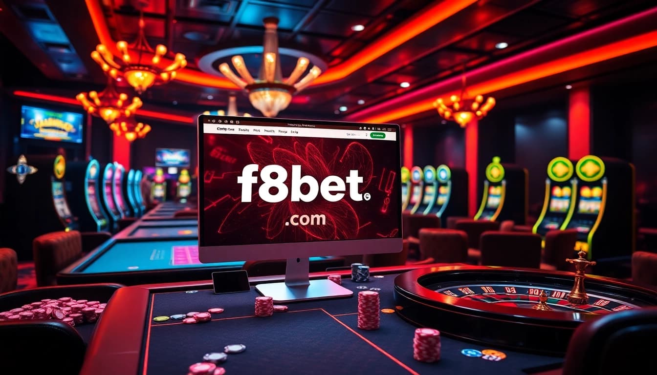 Experience the thrill of gaming on f8bet.com with immersive casino visuals featuring vibrant tables and slots.