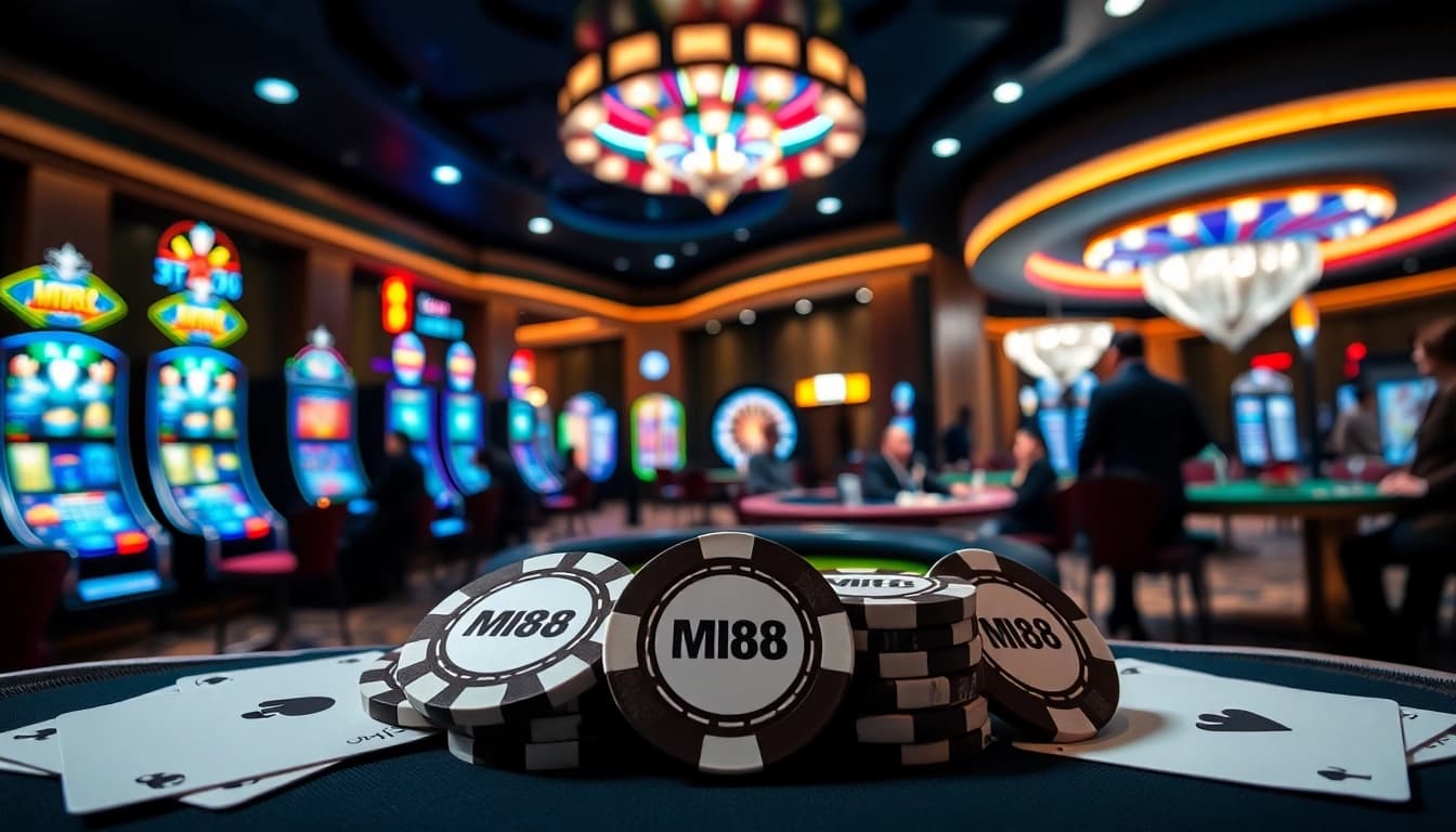 Engaging poker scene showcasing MM88 chips and casino excitement.