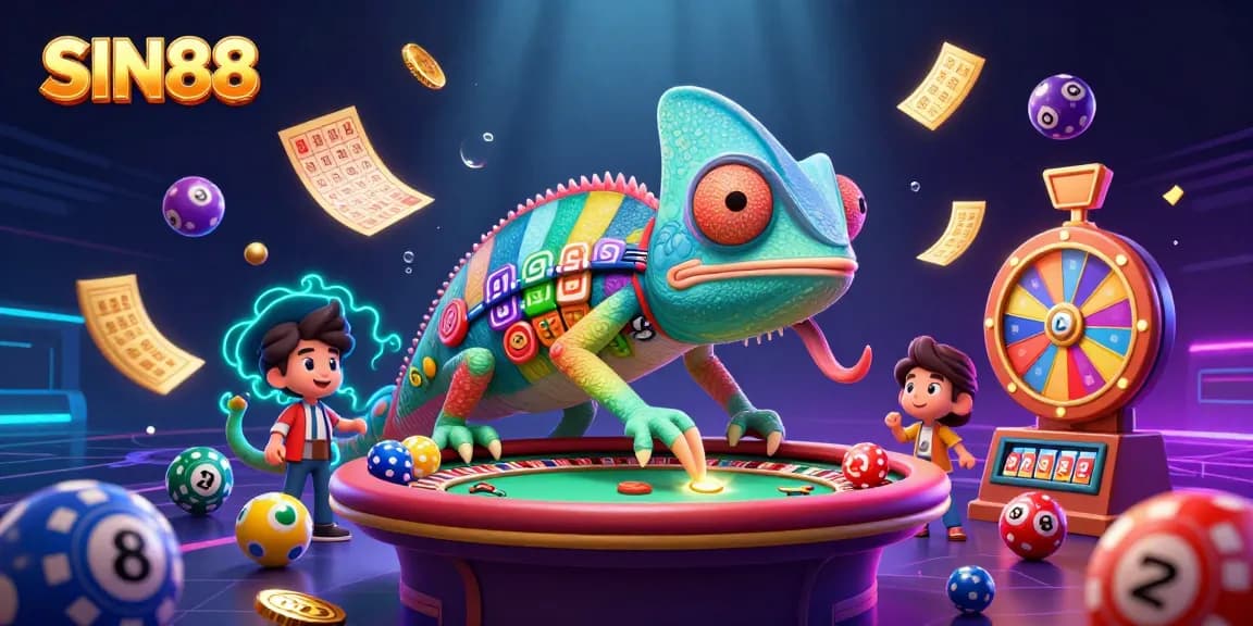 SIN88 chameleon casino owner captures golden coins amidst vibrant lottery balls and dynamic gaming elements.