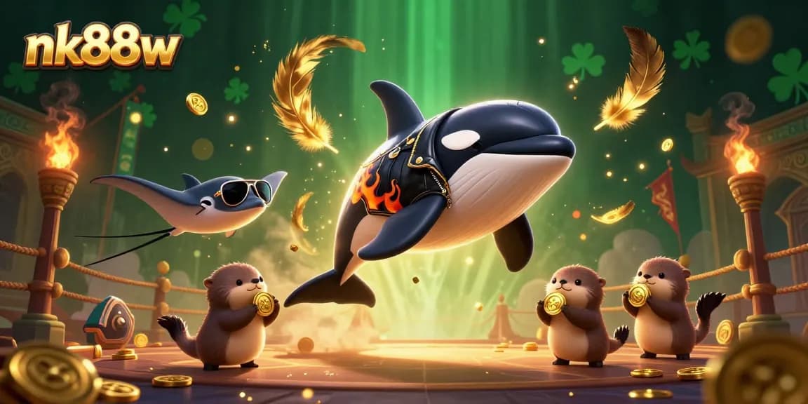 Engage in exciting gameplay at nk88w while watching an orca whale leap through a vibrant casino scene.