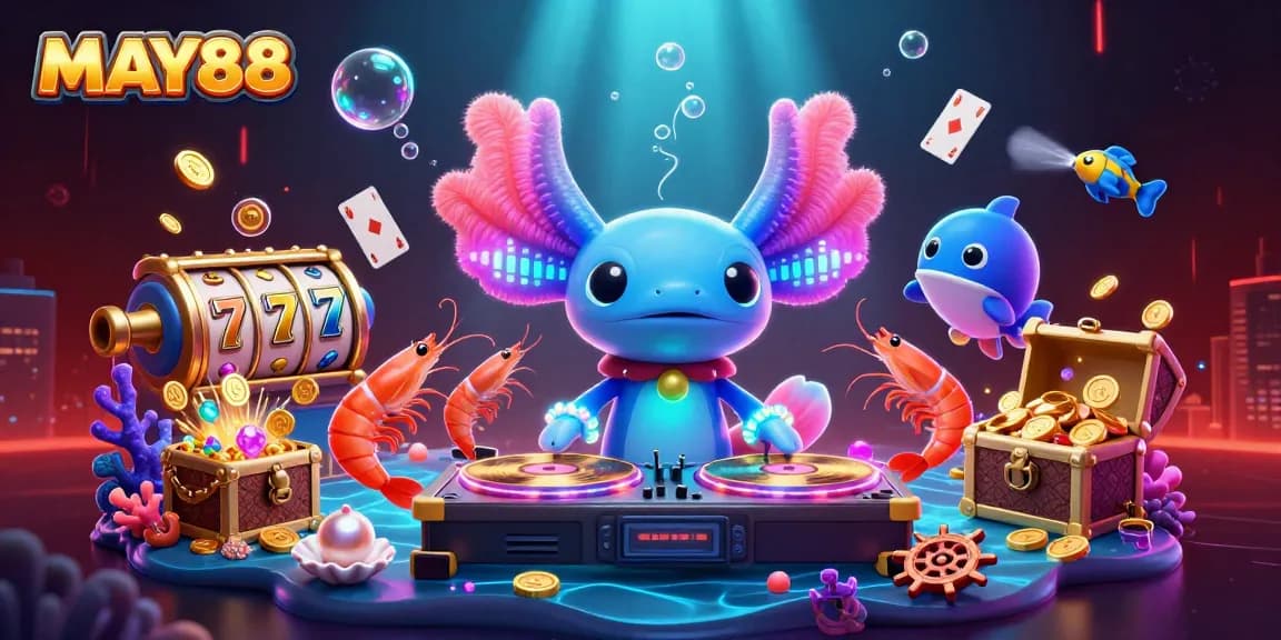 MAY88 showcases a vibrant underwater casino scene with a DJ, energetic shrimp dancers, and exciting slot games.