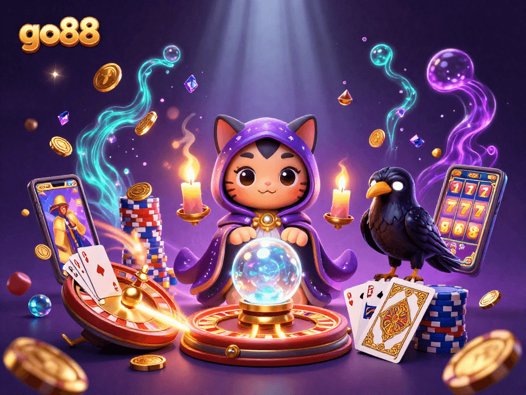 Win big with go88: a vibrant 3D illustration showcasing fortune teller, raven, and casino elements.