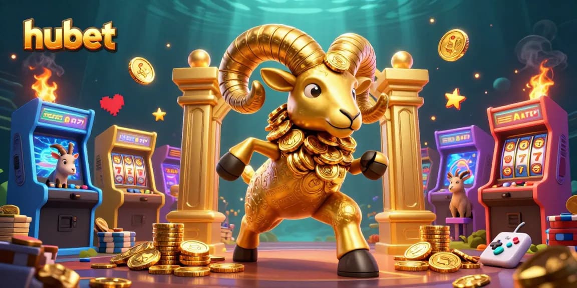Experience thrilling gameplay at hubet with a golden ram charging through a vibrant casino scene filled with slot elements.