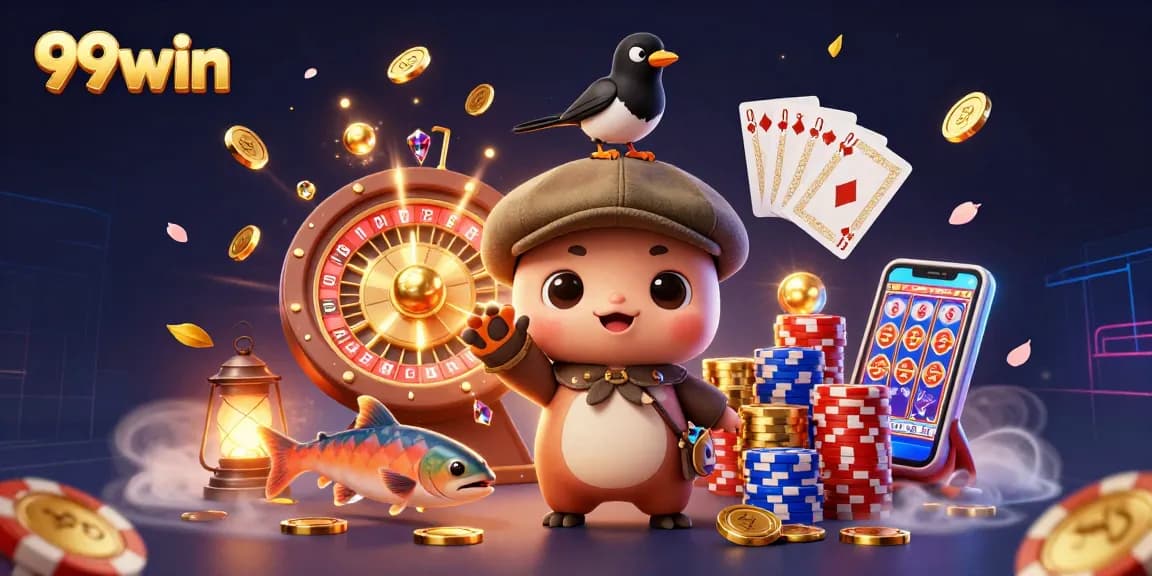 Spin the reels with 99win for exciting casino moments in this vibrant 3D illustration.