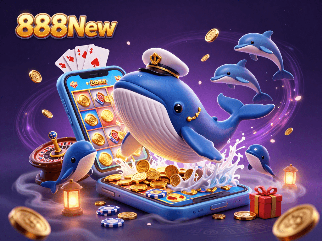 Experience vibrant entertainment at 888New with a playful scene featuring a whale, narwhal, and dolphins surrounded by casino elements.