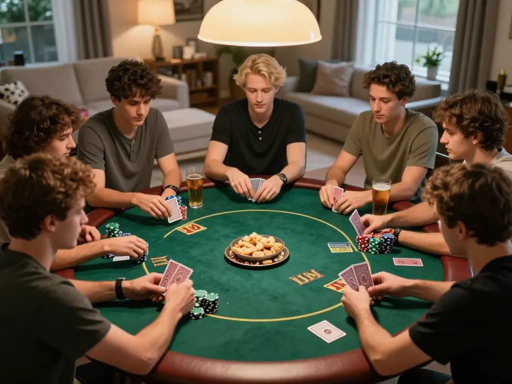 Players enjoying an exciting poker game at home, highlighting gamebaidoithuong8 strategies and camaraderie.