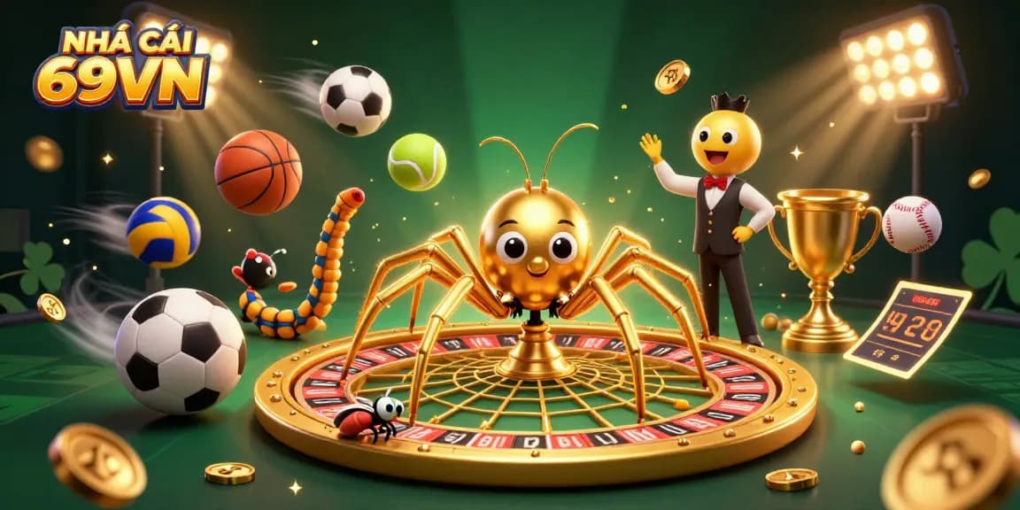 Engage with NHÀ CÁI 69VN in this vibrant 3D illustration of a golden spider creating a roulette wheel.