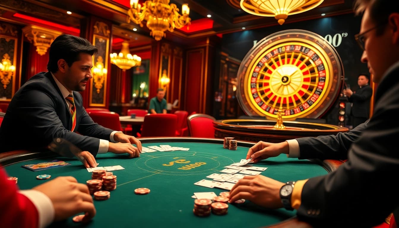 Experience the thrill of Jun88.now with an engaging high-stakes poker game in a luxurious casino setting.